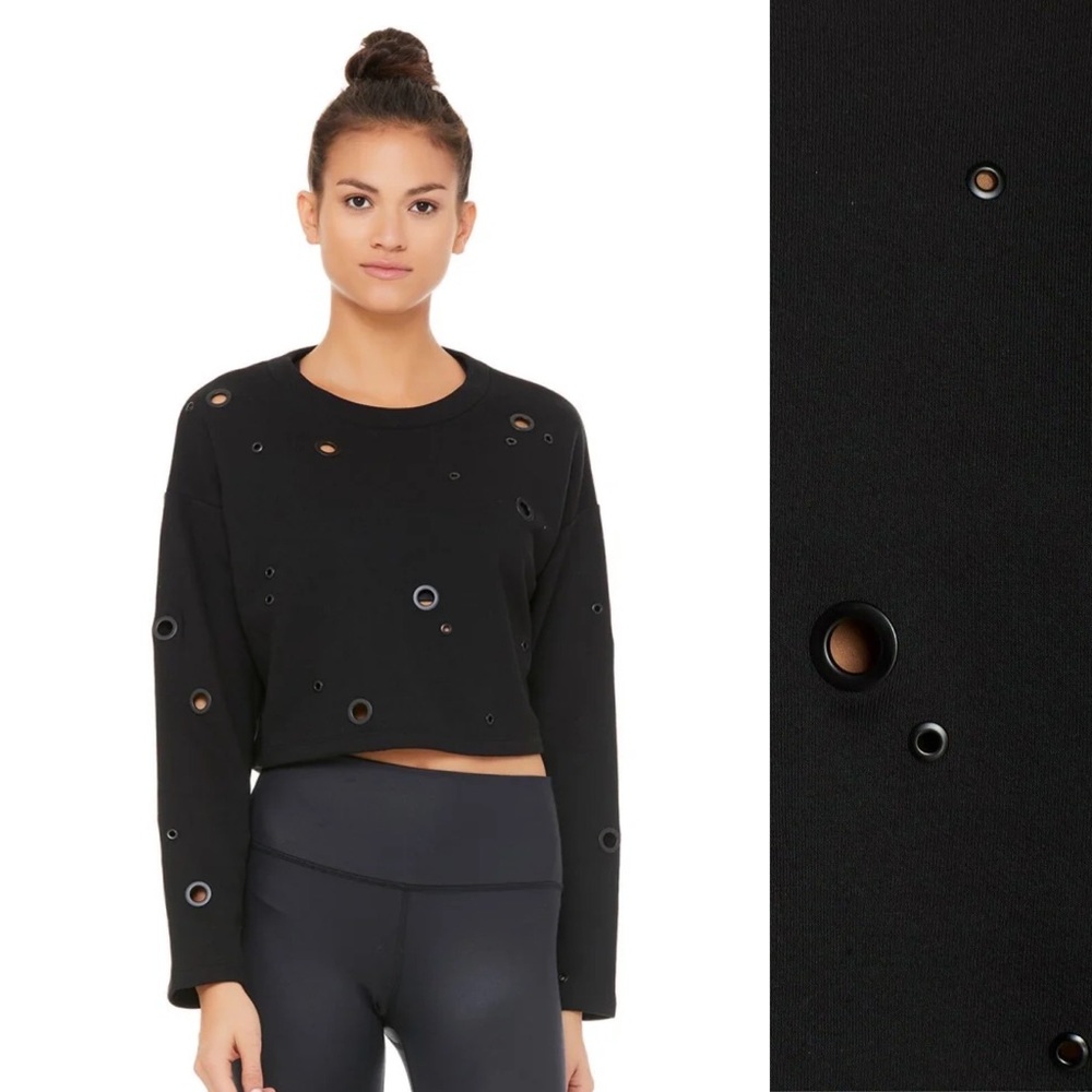NWT ALO YOGA Black Crop Sweatshirt Pullover Top sz Medium Cotton Blend